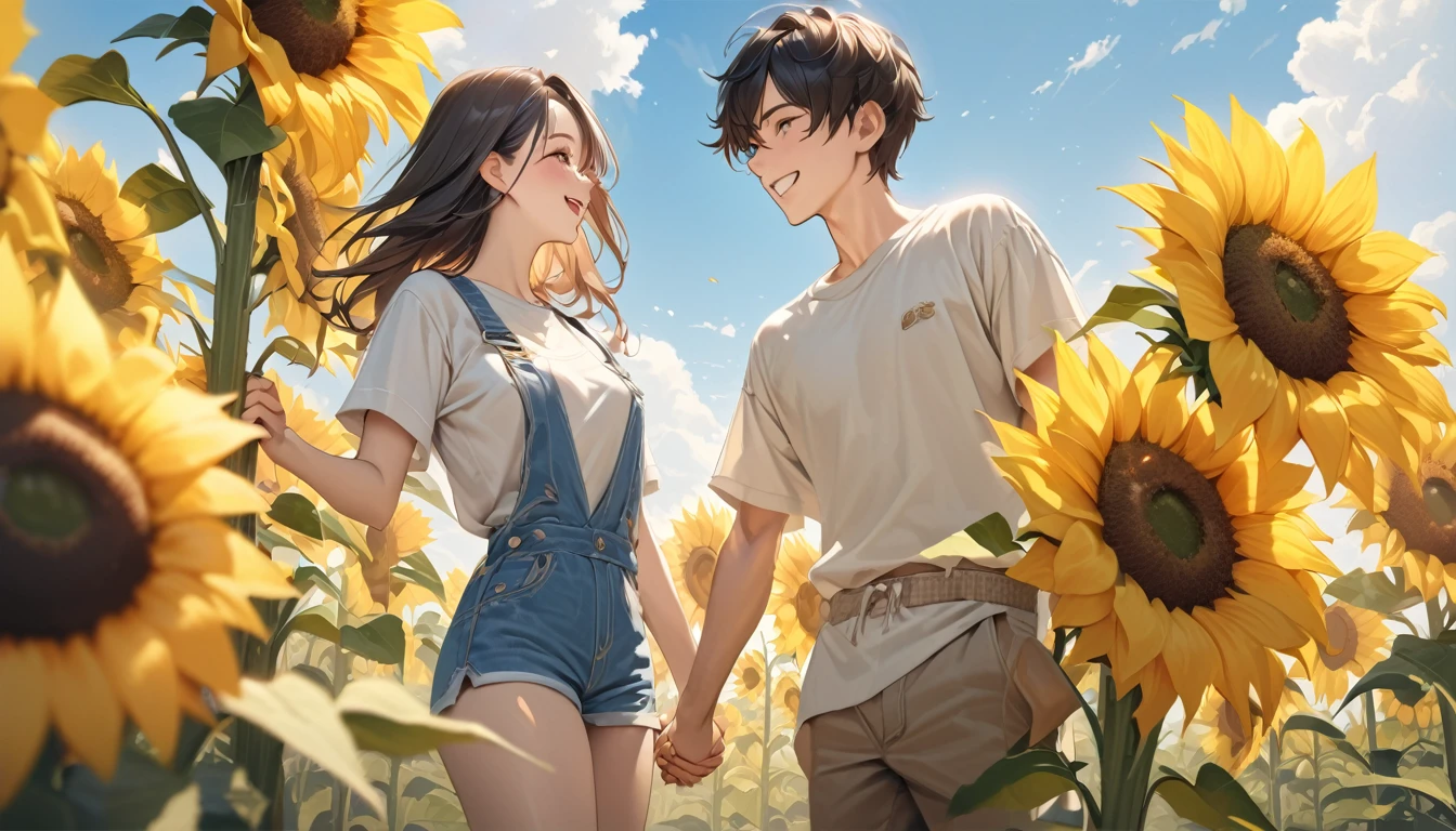 (best quality, masterpiece, ultra detailed, ultra high res, photorealistic, raw photo, absolutely resolution), A scene in a sunflower field with a 19-year-old Japanese man and a 19-year-old Japanese woman holding hands and smiling at each other. The background features a bright blue sky, with the vibrant yellow of the sunflowers standing out. The couple is centrally positioned, with their smiles clearly visible. The camera angle is a front-facing shot, capturing the expressions of both individuals. The overall color palette is bright and summery, emphasizing the contrast between the yellow sunflowers and the blue sky. The scene conveys a sense of happiness and joy.