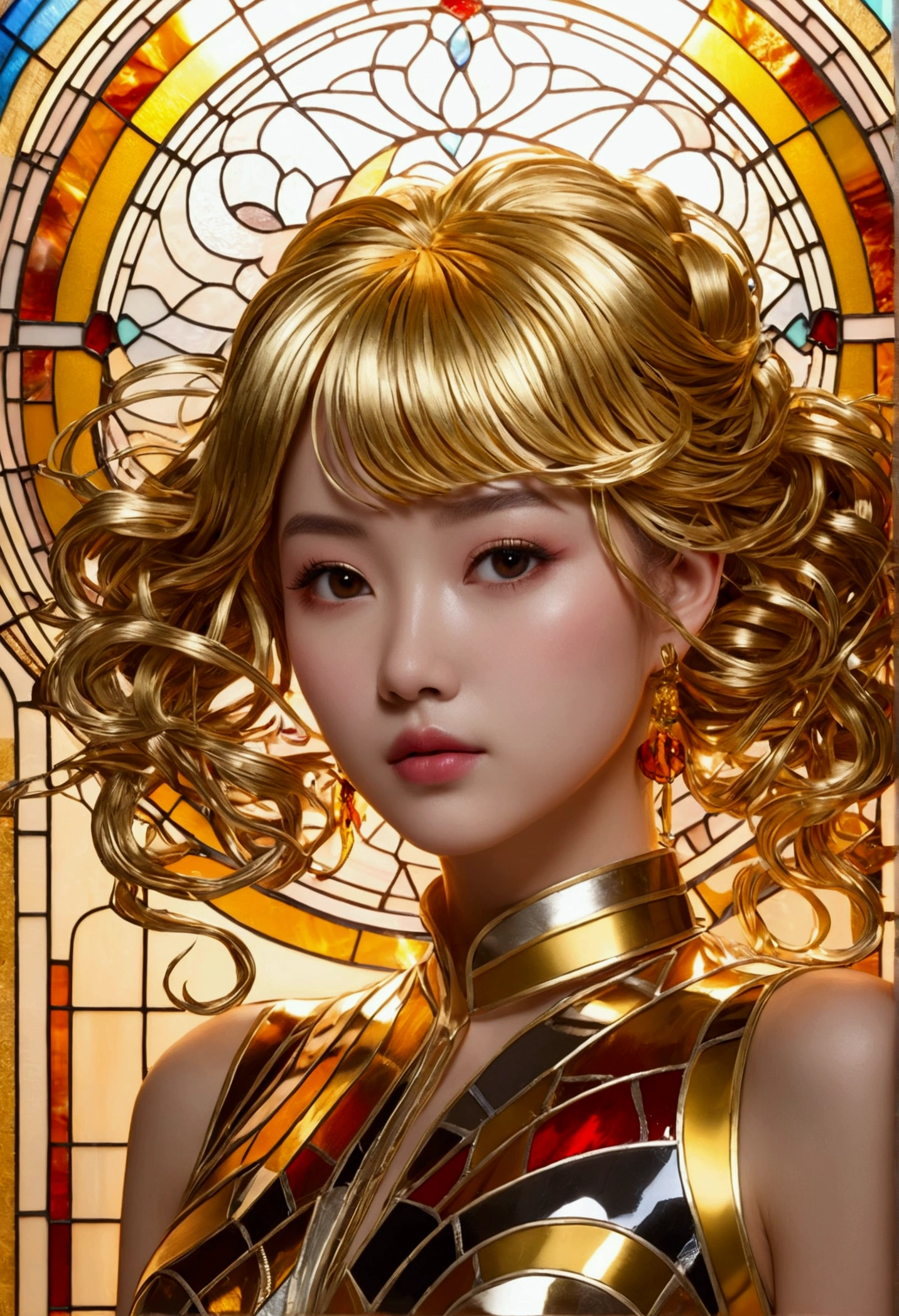 (masterpiece, Highest quality, Highest quality,Official Art, beautifully、Super Gold Hairstyle、aesthetic:1.2),(One girl:1.3), One girl BREAK stained glass art, Colored Glass, Lead wire, Light transmission BREAK Vivid colors, Intricate Design, Glowing effect, Spiritual atmosphere、Background abstract Japanese style