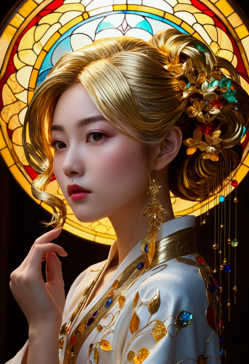 (masterpiece, Highest quality, Highest quality,Official Art, beautifully、Super Gold Hairstyle、aesthetic:1.2),(One girl:1.3), One girl BREAK stained glass art, Colored Glass, Lead wire, Light transmission BREAK Vivid colors, Intricate Design, Glowing effect, Spiritual atmosphere、Background abstract Japanese style