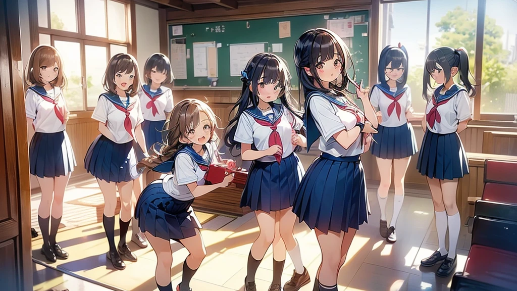 nswf:1.3,(masterpiece: 1.2, highest quality, masterpiece, Clearer images), (Bright colors), ((Take clear photos even from a distance)), (multiple girls), (harem), (School classmates), (((All school uniforms have the same design))), (((Everyone is wearing the same navy blue skirt))), ((16 years old)), ((prostitution woman)), (Prostitution Accommodation, on the bed), (cute Japanese((6 girls))), (((infant'face))), ((group shot)), (group selfie), ((ass visible through thighs))、 (Full body diagram from head to toe), front, frontComposition from slightly below, symmetry, 18 year old tall girl, alone, (whole body from head to toe),wide angle, soft light, ((((laugh with your mouth wide open)))), (slightly larger breasts), ((prostitution)), (lure), ((viewers love it)), (((A lot of hearts are flying))), Landscape、(((show panty:1.6)))、((((open legs:1.5)))、((female masturbation:1.8))、((breast grab:1.3)),(((bra lift:1.2)))、(skirt lift:1.3) 、one eye closed、stick out one's crotch、((youth))、black tights、black stockings、black pantyhose、black stockingsックス、((((sitting, knees up))))(シャツリフト:1.9),