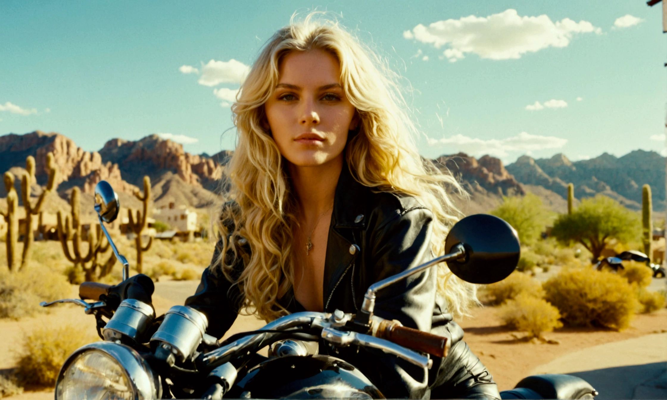 35mm film photography, A blonde woman in her 20s with long, wavy hair, wearing a revealing black leather outfit, poses confidently on a motorcycle. The background features a rustic, sunlit environment with buildings that have a desert-like appearance, high detail