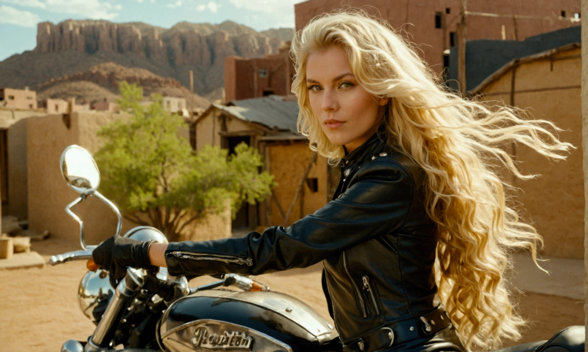 35mm film photography, A blonde woman in her 20s with long, wavy hair, wearing a revealing black leather outfit, poses confidently on a motorcycle. The background features a rustic, sunlit environment with buildings that have a desert-like appearance, high detail