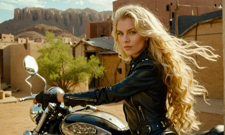 35mm film photography, a blonde woman in her 20s with long, wavy hair, wearing a revealing black leather outfit, poses confident...