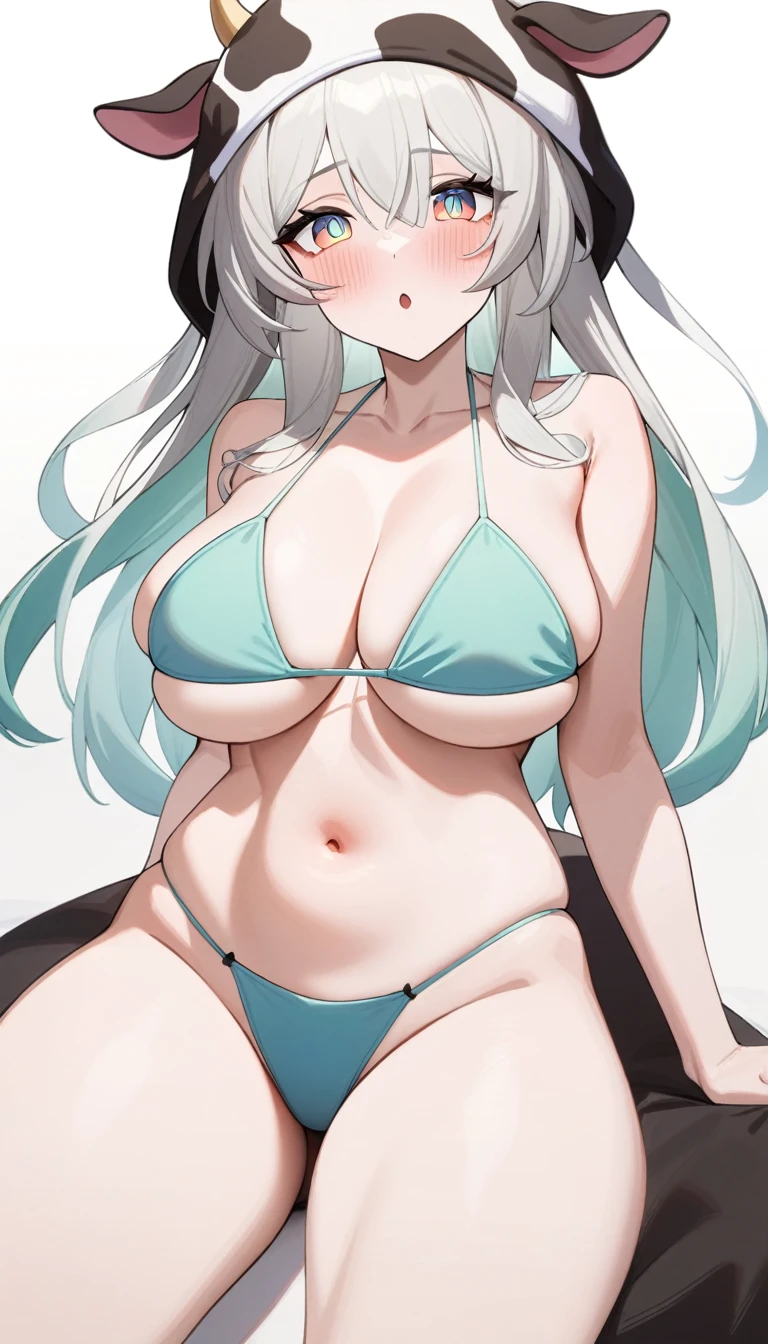 16k,masterpiece,best quality,very aesthetic,absurdres,1girl, solo,blush,very cute,cow costume,bikini,breast, thick thighs ,:o,firefly_\(honkai:_star_rail\), looking_at_viewer,white background 