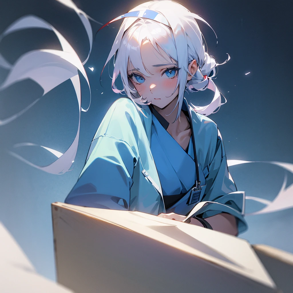 nursing aide,one girl,solo,blue or white scrubs,not wearing a hat or cap, I can't get my head out of the picture, Facing forward.