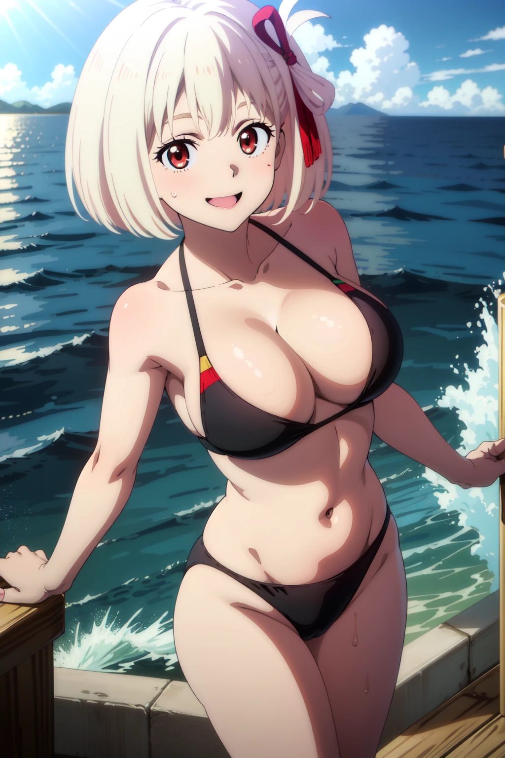 (masterpiece, best quality:1.4), looking at viewer, smile,chisato nishikigi, blonde hair, short hair, red eyes,large breasts, hair ribbon, Smiling, looking at the viewer, blue theme, blue background, cloudy sky, sunlight, sweat, orgasmic, microbikini swimsuit, cleavage, belly button exposed, collarbone, thighs, sea , head, Wave, splashe,