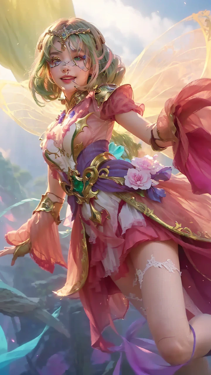 a close up portrait of a girl with long green hair and a hat, detailed facial features, beautiful emerald green eyes, smile, delicate nose, full lips, intricate zodiac knight armor, fantasy armor, ornate details, dramatic lighting, highly detailed, cinematic, digital art, masterpiece, 8k, photorealistic, hyper-detailed