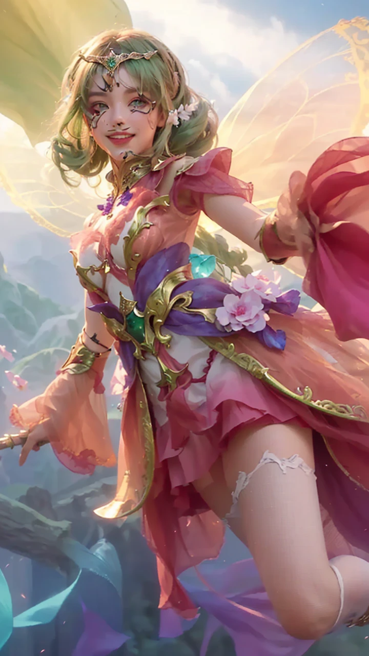 a close up portrait of a girl with long green hair and a hat, detailed facial features, beautiful emerald green eyes, smile, delicate nose, full lips, intricate zodiac knight armor, fantasy armor, ornate details, dramatic lighting, highly detailed, cinematic, digital art, masterpiece, 8k, photorealistic, hyper-detailed