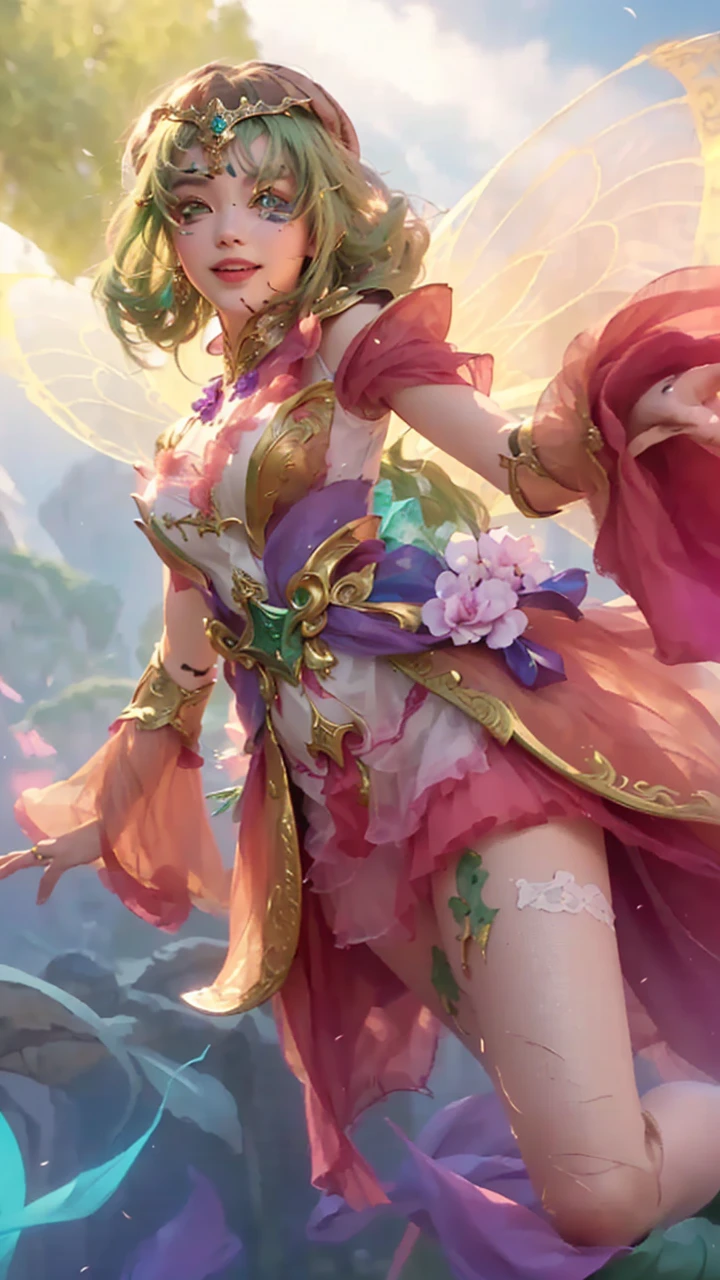 a close up portrait of a girl with long green hair and a hat, detailed facial features, beautiful emerald green eyes, smile, delicate nose, full lips, intricate zodiac knight armor, fantasy armor, ornate details, dramatic lighting, highly detailed, cinematic, digital art, masterpiece, 8k, photorealistic, hyper-detailed