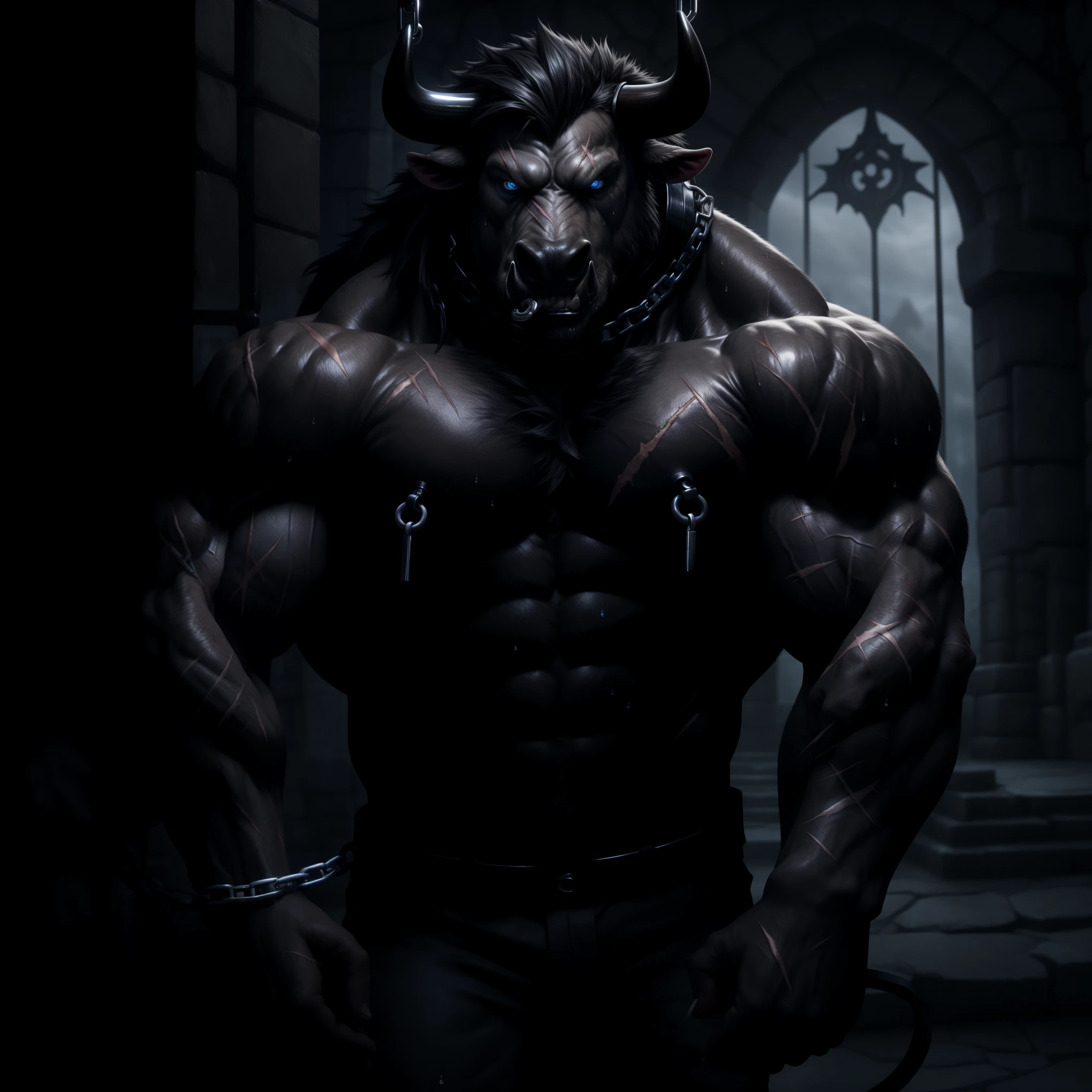Sweating, muscular, Shirtless, dark castle, Anthropomorphic chest hair, Serious face(scars in the face) Mature (blue eyes)Huge muscular torn abs wild wearing nipple rings and collars prisoners collar linked to chains lock ambitious black bull 被铐住并悬在空中, Feet tied.{Wearing iron handcuffs} There is a round iron ring in the mouth{
