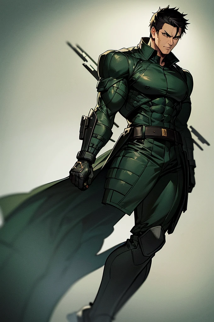 Content: A black man with short, spikey black hair and green eyes is dressed in a black military uniform. His face is marked with scars, giving him a rugged, battle-hardened look.
Medium: Digital art, character illustration.
Style: A blend of Pixiv and Shin Hanga, inspired by the character Snake from Metal Gear, incorporating detailed, realistic anime style with fine line work and rich textures.
Lighting: Dramatic lighting with strong contrasts to highlight his muscular frame, facial scars, and the details of his uniform. Shadows add depth and intensity to his appearance.
Colours: A predominantly black palette for the uniform, with subtle highlights and shadows to emphasize the texture and material. The green of his eyes stands out against the darker tones, adding a striking focal point.
Composition: A full-body shot with a 50mm lens, capturing the man’s imposing figure and confident stance. The background is minimalist, ensuring the focus remains on his detailed design and powerful presence.