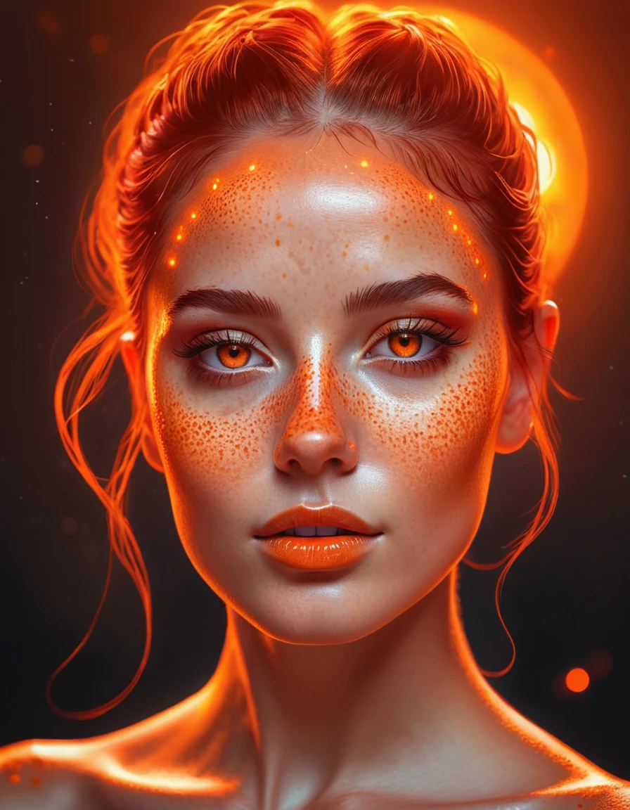 A full head image of a woman adorned with freckles and a shades, featuring beautiful digital artwork with red glowing skin, realistic digital art in 4K, glowing orange eyes, and an 8K resolution. This stunning digital illustration showcases a glossy digital painting technique, a face aglow with an orange hue, complemented by an Artgerm bokeh effect, and a radiant red and orange glow.