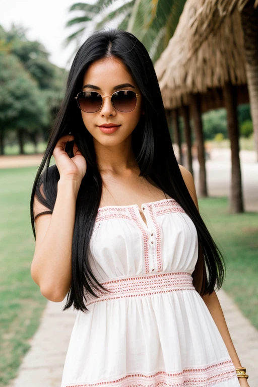 Woman white skin very long straight black hair , with Mexican pink dress sunglasses