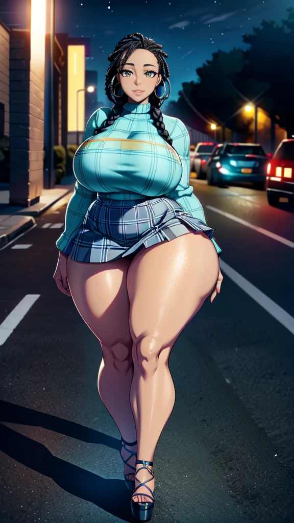 4K Quality, black woman, smile, sexye, teal and silver plaid skirt, standing up, black african braids, dark skinned, thick thighs, big breasted, big ass, looking at viewer, braided hair, amber eyes, night time, on the sidewalk, full body, city background, perfect face, perfect body, perfect eyes, full lips, hoop earrings, bottom heavy, light particles