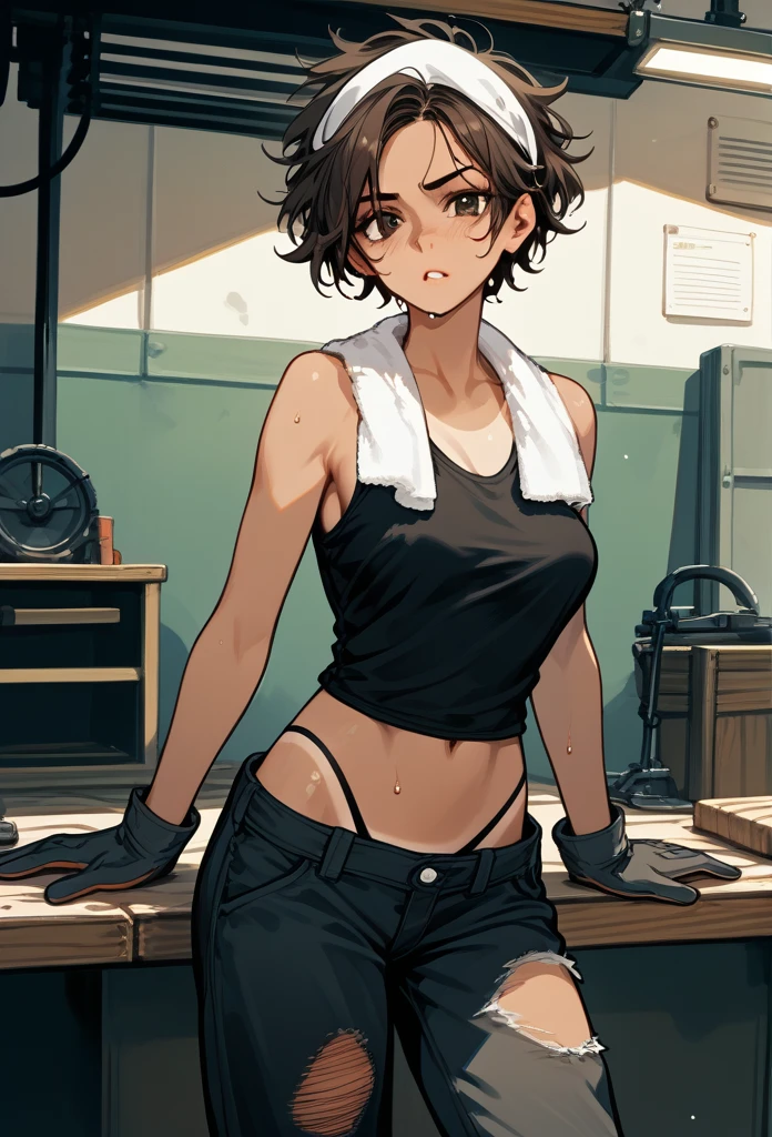 masterpiece, best quality, mature woman, messy hair, black hair, brunette gradient hair color, hot face, (tomboy face), tan skin, mature body, fit body, medium breasts, mechanic gloves, (dirty tank top), stained tank top, midriff, white bandana, mechanic pants, loose pants, workshop, (sweaty), bending over, towel around neck, black thong lines, ripped pants, spreading legs