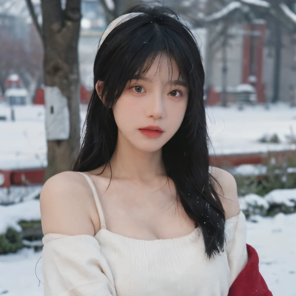 Portrait photography，1 girl，Snow Scene，Snowing background，Push-up non-slip tube top ，（whole body：1.4），Lipstick，(Big Breasts:1.4)，Headband，serene，calm，(Realistic and detailed eyes，Natural skin texture，Realistic facial details)，