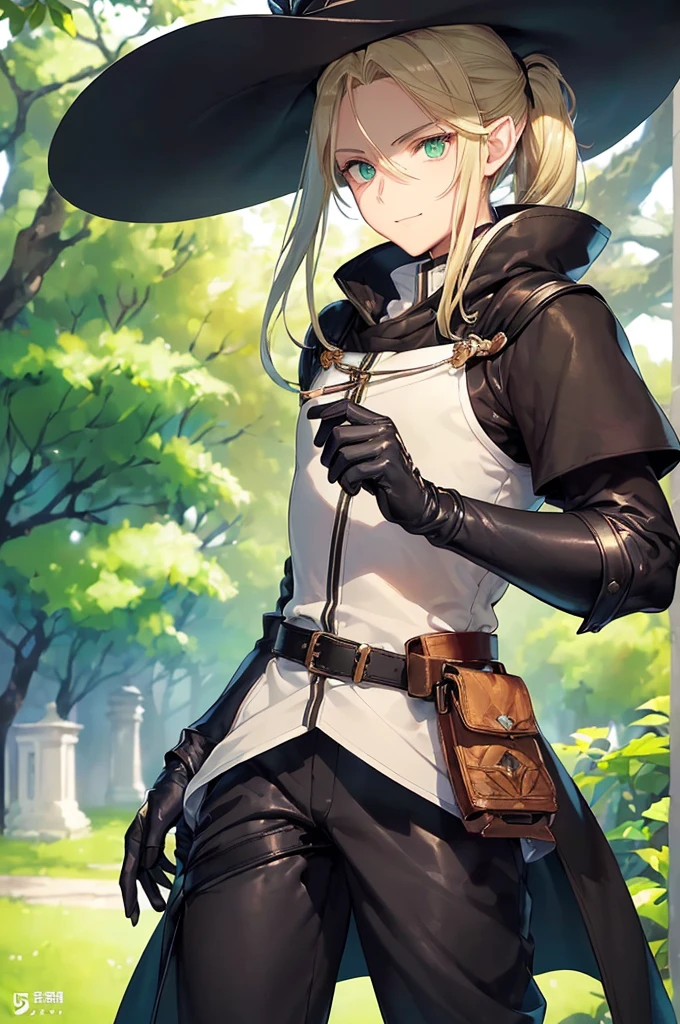 (((masterpiece; best quality: 1.2))), (finely detailed eyes: 1.3), (25 year old elf man), (solo), (green eyes: 1.4), (body; toned, fit, masculine: 1.3), (silky blonde hair in low ponytail: 1.3), (beautiful and clear background: 1.2), ((depth of field)), (equipment: adventurer garb + modest + elegant wide-brim hat + dark coat + light-colored tunic + dark long cape + black pants + gloves + belt + pouches: 1.3), (anime illustration: 1.2), (background composition; royal garden: 1.1), (extremely fine and handsome: 1.1), (shot composition; standing + centered on torso + close-up: 1.5), (expression; calm, smile: 1.2)