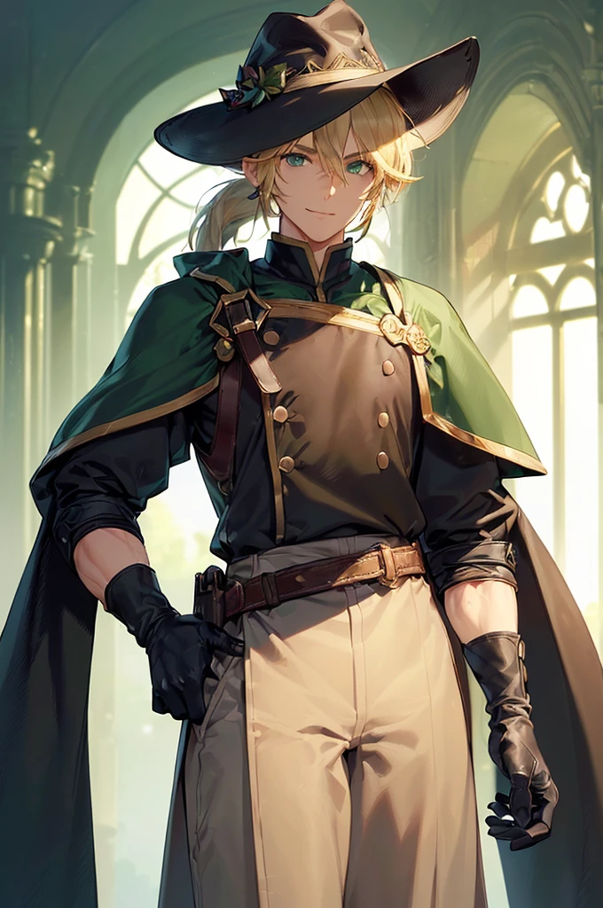 (((masterpiece; best quality: 1.2))), (finely detailed eyes: 1.3), (25 year old elf man), (solo), (green eyes: 1.4), (body; toned, fit, masculine: 1.3), (silky blonde hair in low ponytail: 1.3), (beautiful and clear background: 1.2), ((depth of field)), (equipment: adventurer garb + modest + elegant wide-brim hat + dark coat + light-colored tunic + dark long cape + black pants + gloves + belt + pouches: 1.3), (anime illustration: 1.2), (background composition; royal garden: 1.1), (extremely fine and handsome: 1.1), (shot composition; standing + centered on torso + close-up: 1.5), (expression; calm, smile: 1.2)