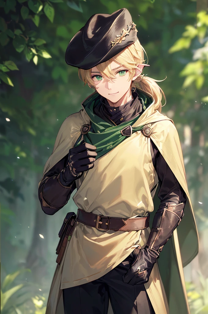 (((masterpiece; best quality: 1.2))), (finely detailed eyes: 1.3), (25 year old elf man), (solo), (green eyes: 1.4), (body; toned, fit, masculine: 1.3), (silky blonde hair in low ponytail: 1.3), (beautiful and clear background: 1.2), ((depth of field)), (equipment: adventurer garb + modest + elegant wide-brim hat + dark coat + light-colored tunic + dark long cape + black pants + gloves + belt + pouches: 1.3), (anime illustration: 1.2), (background composition; royal garden: 1.1), (extremely fine and handsome: 1.1), (shot composition; standing + centered on torso + close-up: 1.5), (expression; calm, smile: 1.2)
