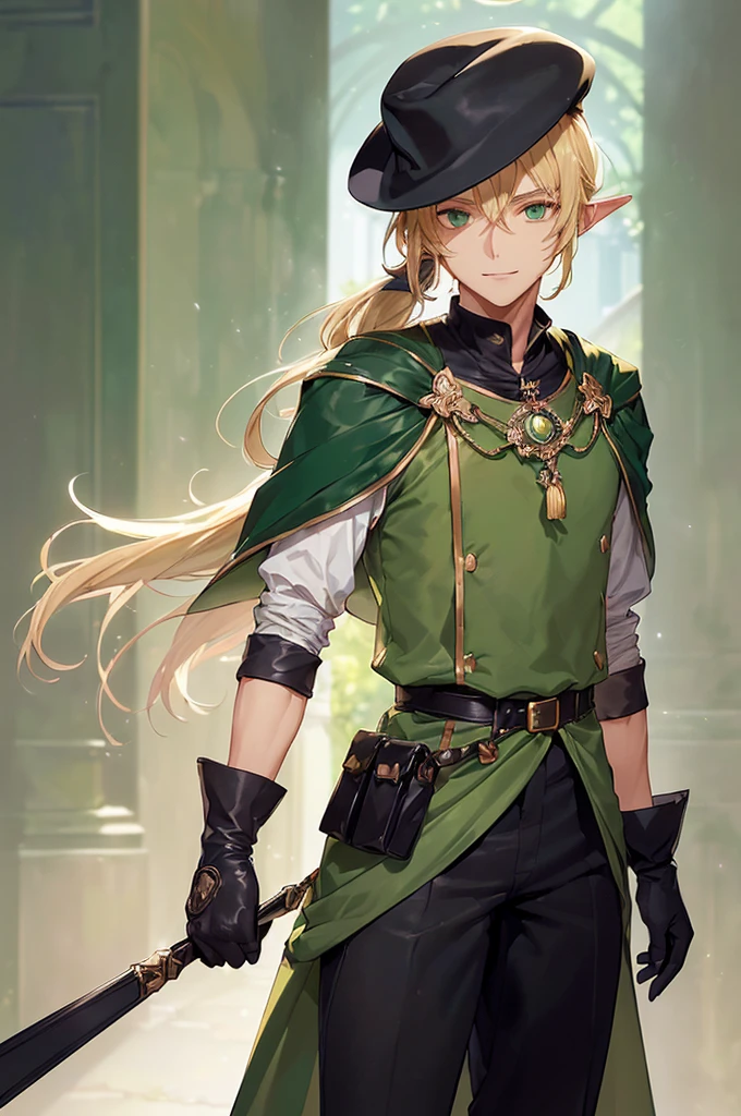 (((masterpiece; best quality: 1.2))), (finely detailed eyes: 1.3), (25 year old elf man), (solo), (green eyes: 1.4), (body; toned, fit, masculine: 1.3), (silky blonde hair in low ponytail: 1.3), (beautiful and clear background: 1.2), ((depth of field)), (equipment: adventurer garb + modest + elegant wide-brim hat + dark coat + light-colored tunic + dark long cape + black pants + gloves + belt + pouches: 1.3), (anime illustration: 1.2), (background composition; royal garden: 1.1), (extremely fine and handsome: 1.1), (shot composition; standing + centered on torso + close-up: 1.5), (expression; calm, smile: 1.2)
