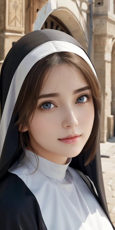 Realistic、Highest quality、Highest quality、masterpiece、Ultra-high resolution、RAW Photos、Realistic、Bright lighting、Face Light、Smooth Professional Lighting、Looking into the camera、alone、Adult female、Beautiful woman、Super Beauty、Realistic肌、Moisturized Skin、Realistic eyes and faces、Perfect model body shape、Beautiful Eyes、Big eyes、Inconspicuous tear bags、slim、big breasts of medium size、Beautiful fingers、Long Hair、Brunette Hair、black eye、Looks happy、From Above、(Both ears are hidden by hair)、(((Nun Costume)))、Fantasy World、Medieval European streets