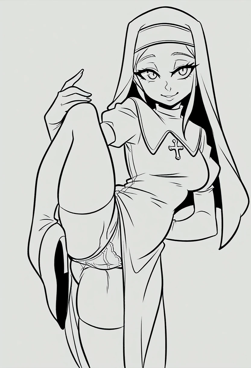 lineart, monochrome, a drawing of a nun with sexy pose, clean anime outlines, perfect lineart, clean lineart, extremely fine ink lineart, nun outfit, simple lineart, beautiful line art, anime style drawing, thick black lineart, black and white manga style, pin on anime, ((Leg Crossing ))