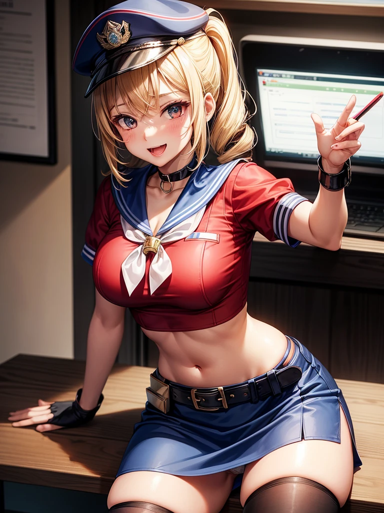 1girl, bangs, sidelocks, choker, policewoman, police uniform, underwear,
white panties, cuffs, police hat, handcuffs, cleavage, blue skirt, navel, midriff, open mouth, looking at viewer, sitting on table, cup, pantyshot, belt, smile, blue shirt, miniskirt, collarbone, coffee mug, blush, crop top, peaked cap, pencil skirt, short sleeves, thighs, book, naughty face, breast pocket, arm support, desk,
Show less, score_9, score_8_up, score_7_up, score_6_up, source_anime, BREAK 1girl, sfkarin, blonde hair, drill hair, hair bow, red sailor collar, short sleeves, red shirt, puffy short sleeves, blue neckkerchief, midriff, red skirt, shorts under skirt, fingerless gloves, upper body, blue sky, city, smug, smile, looking at you, hand to mouth, thighs, camel toe, โชว์หน้าอก, โชว์กางเกงใน, ชุดรัดรูป,