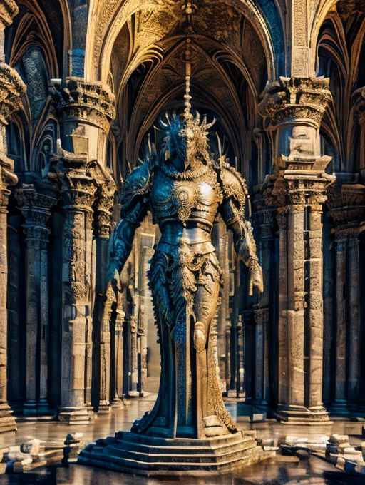 ((Highest quality)),(Ultra-high resolution),(Very detailed),(Detailed Description),((The best CG)),(A masterpiece of art),Ultra-detailed art,Amazing drawing art,(Art with precise detail:1.5), Decaying temples:1.7,Monuments,Stone statues of past demon kings lined up:1.8,12 stone statues:2.0, 12 stone statues standing in a row,