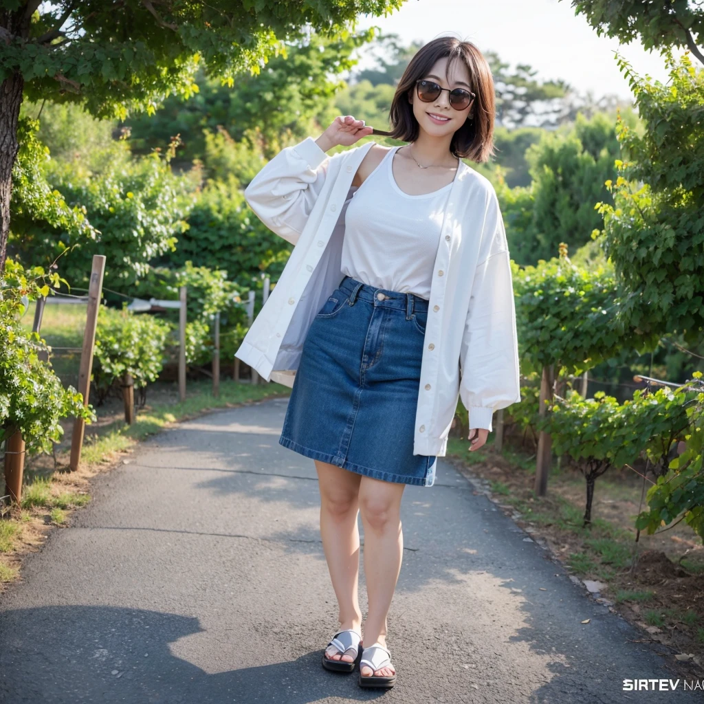 8k realistic, lifelike photo,, 36 year old Korean woman, Short in stature, pretty like a model. front view, white shirt and short cardigan, casual pants, short medium hair, smiling, Italy. spring, vineyard, thick dawn fog. vineyard 지나 짙은 안개 속으로 저 멀리 성당이 보인다. Full body shot from afar with a wide angle lens , 1 woman, Short in stature, superb picture quality, The morning fog thickens, The picture quality is alive.. Full body shot with Canon 16-35 wide angle lens, Put on your horn-rimmed sunglasses and look up to the side