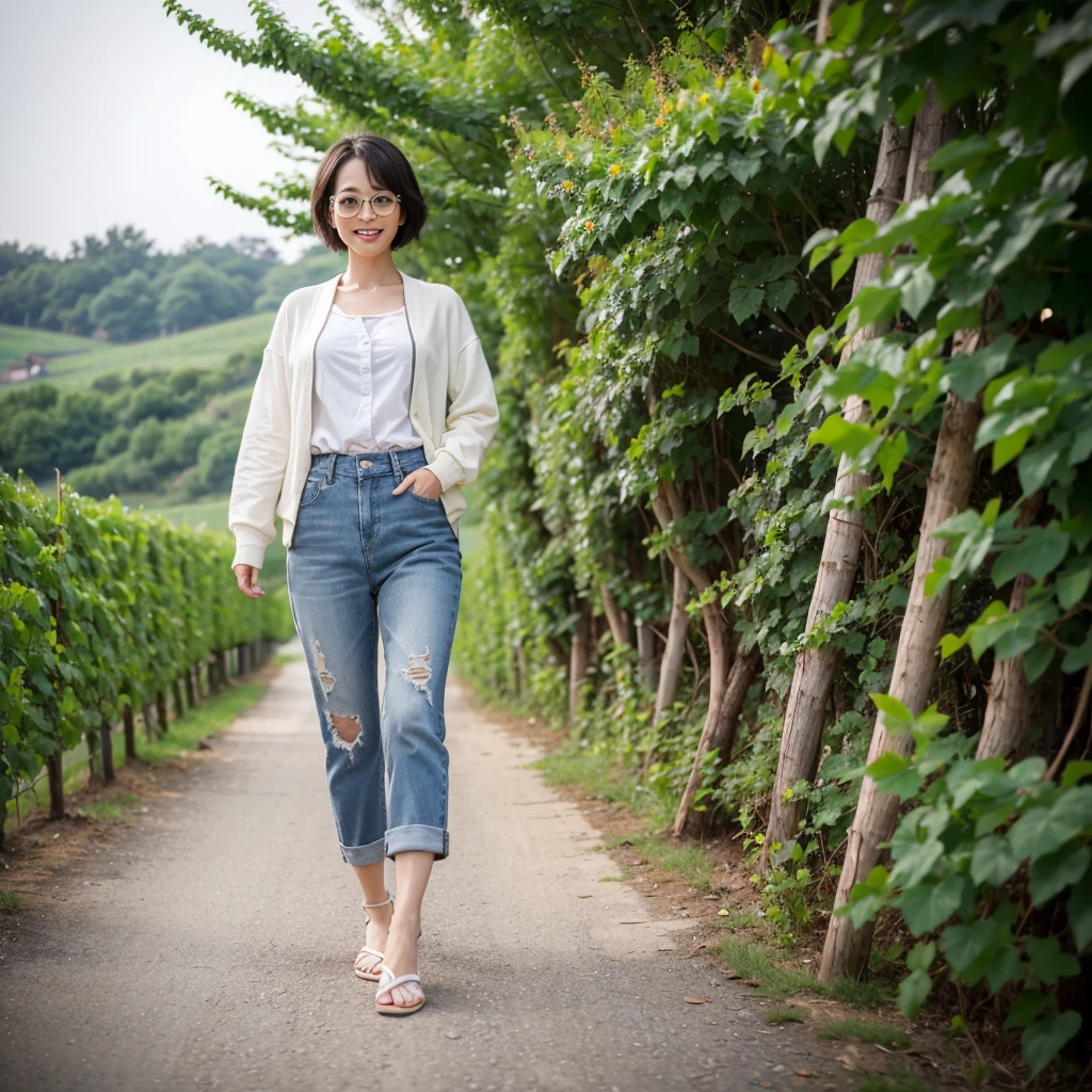 8k realistic, lifelike photo,, 36 year old Korean woman, Short in stature, pretty like a model. front view, white shirt and short cardigan, casual pants, short medium hair, smiling, Italy. spring, vineyard, thick dawn fog. vineyard 지나 짙은 안개 속으로 저 멀리 성당이 보인다. Full body shot from afar with a wide angle lens , 1 woman, Short in stature, superb picture quality, The morning fog thickens, The picture quality is alive.. Full body shot with Canon 16-35 wide angle lens, Put on your horn-rimmed sunglasses and look up to the side