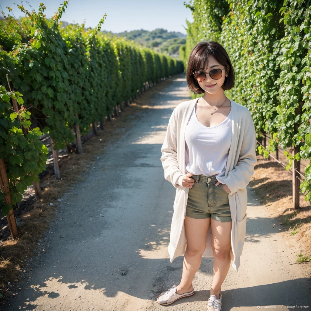 8k realistic, lifelike photo,, 36 year old Korean woman, Short in stature, pretty like a model. front view, white shirt and short cardigan, casual pants, short medium hair, smiling, Italy. spring, vineyard, thick dawn fog. vineyard 지나 짙은 안개 속으로 저 멀리 성당이 보인다. Full body shot from afar with a wide angle lens , 1 woman, Short in stature, superb picture quality, The morning fog thickens, The picture quality is alive.. Full body shot with Canon 16-35 wide angle lens, Put on your horn-rimmed sunglasses and look up to the side