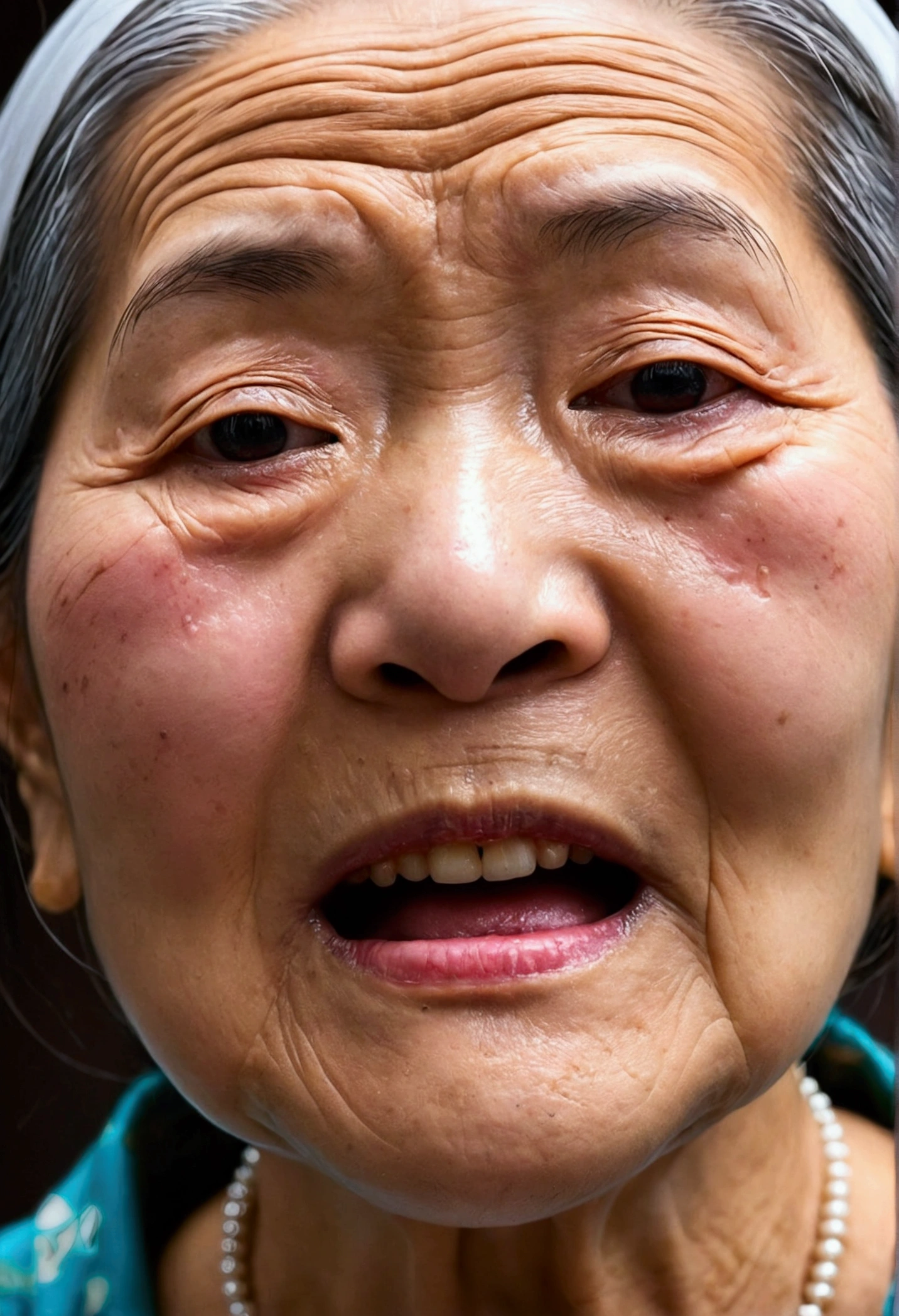 Chinese Granny,Pimple skin,Horrified eyes,Mouth opened wide,Spit out your own vomit,Reality style