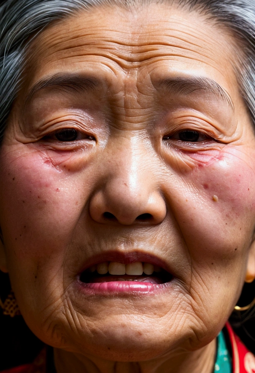 Chinese Granny,Pimple skin,Horrified eyes,Mouth opened wide,Spit out your own vomit,Reality style