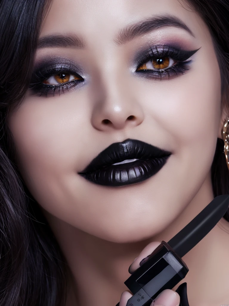 Best quality, masterpiece, ultra high res, photorealistic, raw photo, unity 8k wallpaper,(black lips:1.3),(black eyeshadow:1.3),parted lips,,(evil smile:1.1)