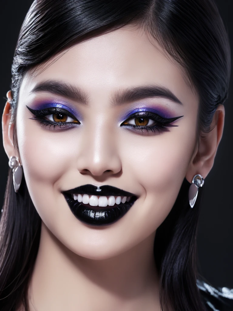 Best quality, masterpiece, ultra high res, photorealistic, raw photo, unity 8k wallpaper,(black lips:1.3),(black eyeshadow:1.3),parted lips,,(evil smile:1.1)