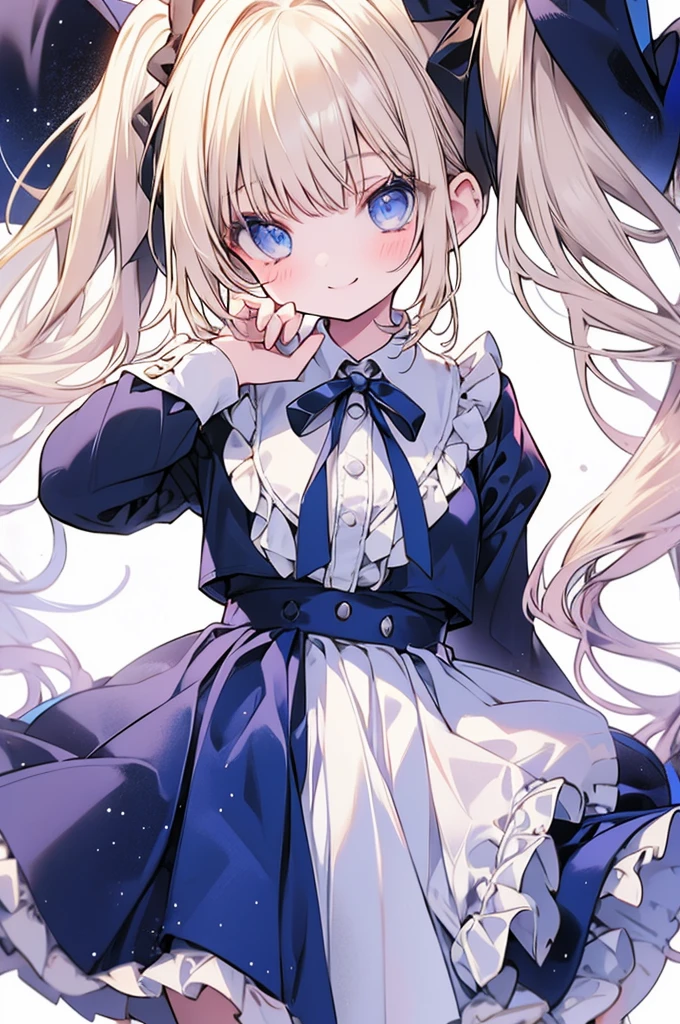 Highest quality,smile,girl,cute,Twin tails,Blonde,blue eyes,White background,White ruffled blouse,Pleated tight skirt,