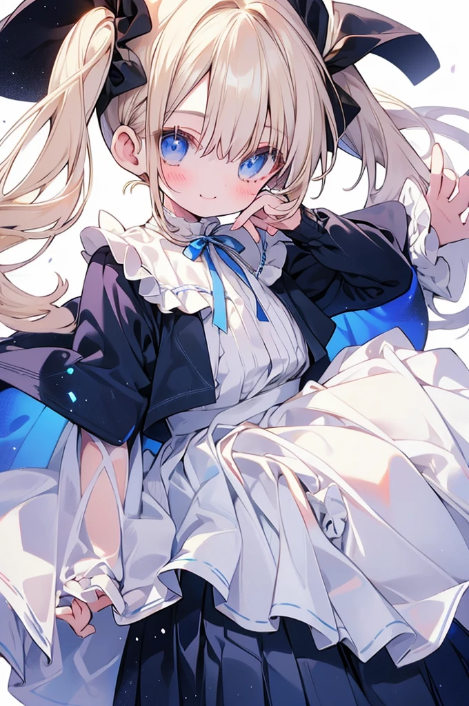 Highest quality,smile,girl,cute,Twin tails,Blonde,blue eyes,White background,White ruffled blouse,Pleated tight skirt,