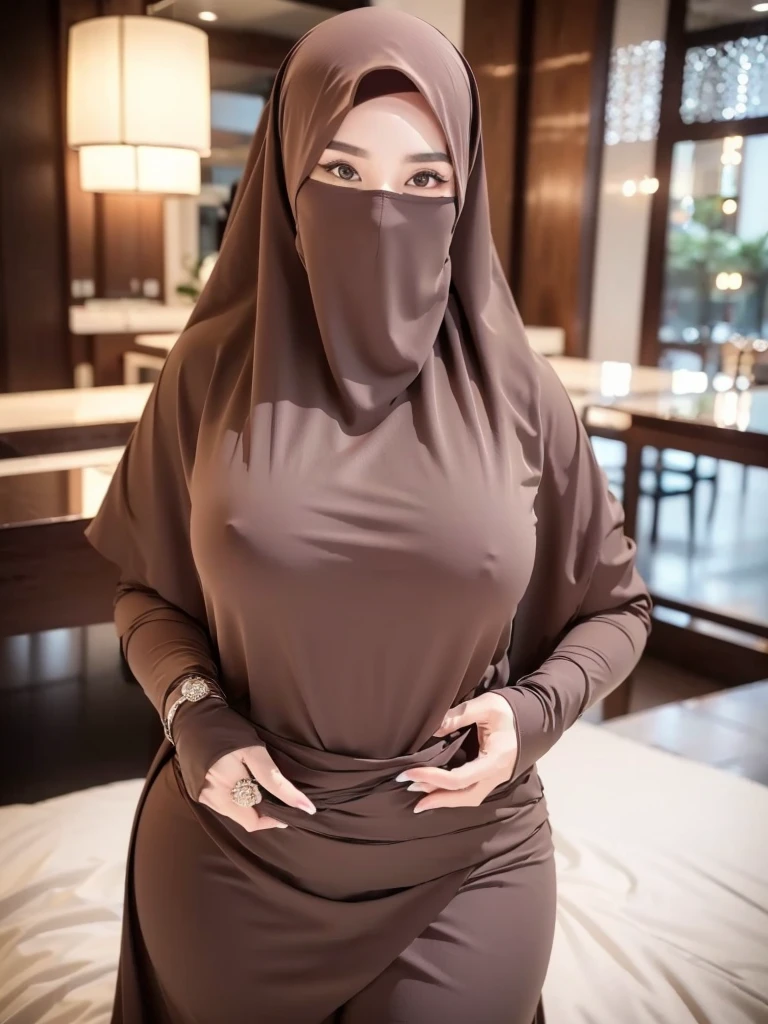 4K, high quality, nice lighting, soft lighting, realistic, dark eyes, sexy, big breasts, thick thighs, wide hips, muscular, malaysian dress, long sleeve, Jewelry, sexy lady, asian, hijab, niqab, sexy pose, showing big thighs, nice body, natural largest breast, WEARING WEDDING RINGS
