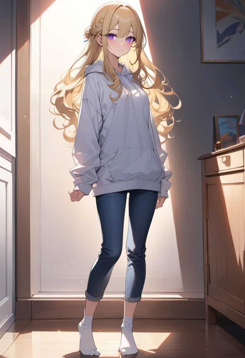 masterpiece, best quality, extremely detailed, ultra detailed, flat anime, 2D, 1girl, (young adult:1.2),blonde hair, (semi-long hair:1.2), curly hair, french braid, medium breasts, purple eyes, tsurime, height 1.7meters, white hooded sweatshirt, jeans,bracelet, long sleeves,socks,  full body,  portrait, Top Light, spotlight
, , very interesting, summer, livingroom, standing