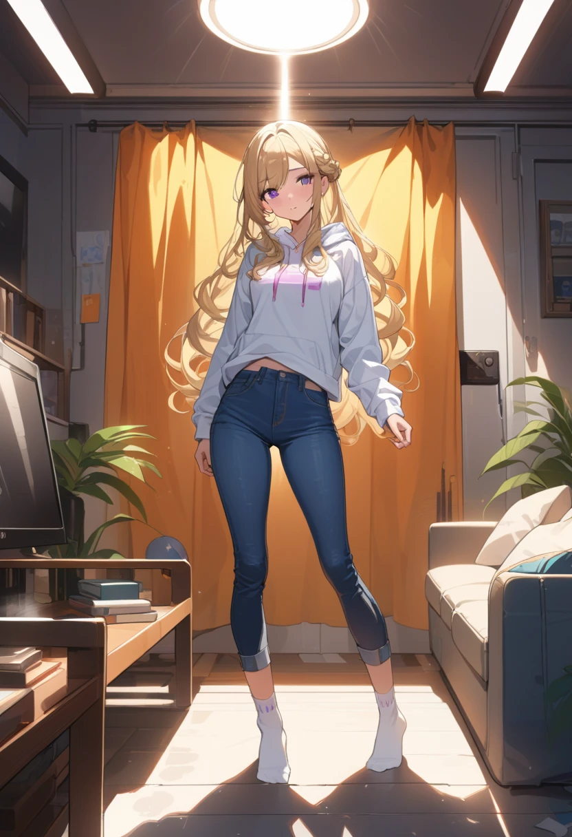 masterpiece, best quality, extremely detailed, ultra detailed, flat anime, 2D, 1girl, (young adult:1.2),blonde hair, (semi-long hair:1.2), curly hair, french braid, medium breasts, purple eyes, tsurime, height 1.7meters, white hooded sweatshirt, jeans,bracelet, long sleeves,socks, full body, portrait, Top Light, spotlight
, , very interesting, summer, livingroom, standing