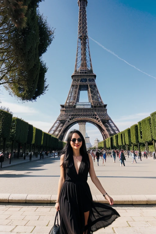 Woman white skin very long straight black hair , with Mexican pink dress sunglasses In Paris Eifel Tower