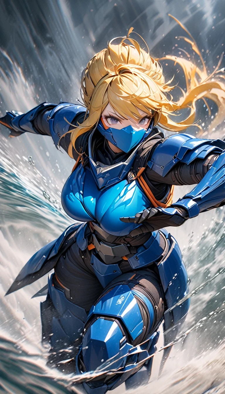 (masterpiece),(Highest quality),(High resolution),(Very detailed),8k,wallpaper,(Armored Core Style),Woman in ninja robot armor,Random Hairstyles,Yellow hair, (Water Ninja),(Blue body),(Detailed face),(Detailed body),(The background is foggy:1.2),(The body is enveloped in mist:1.2),(dynamic),(Making a Ninja Sign),(action shot)