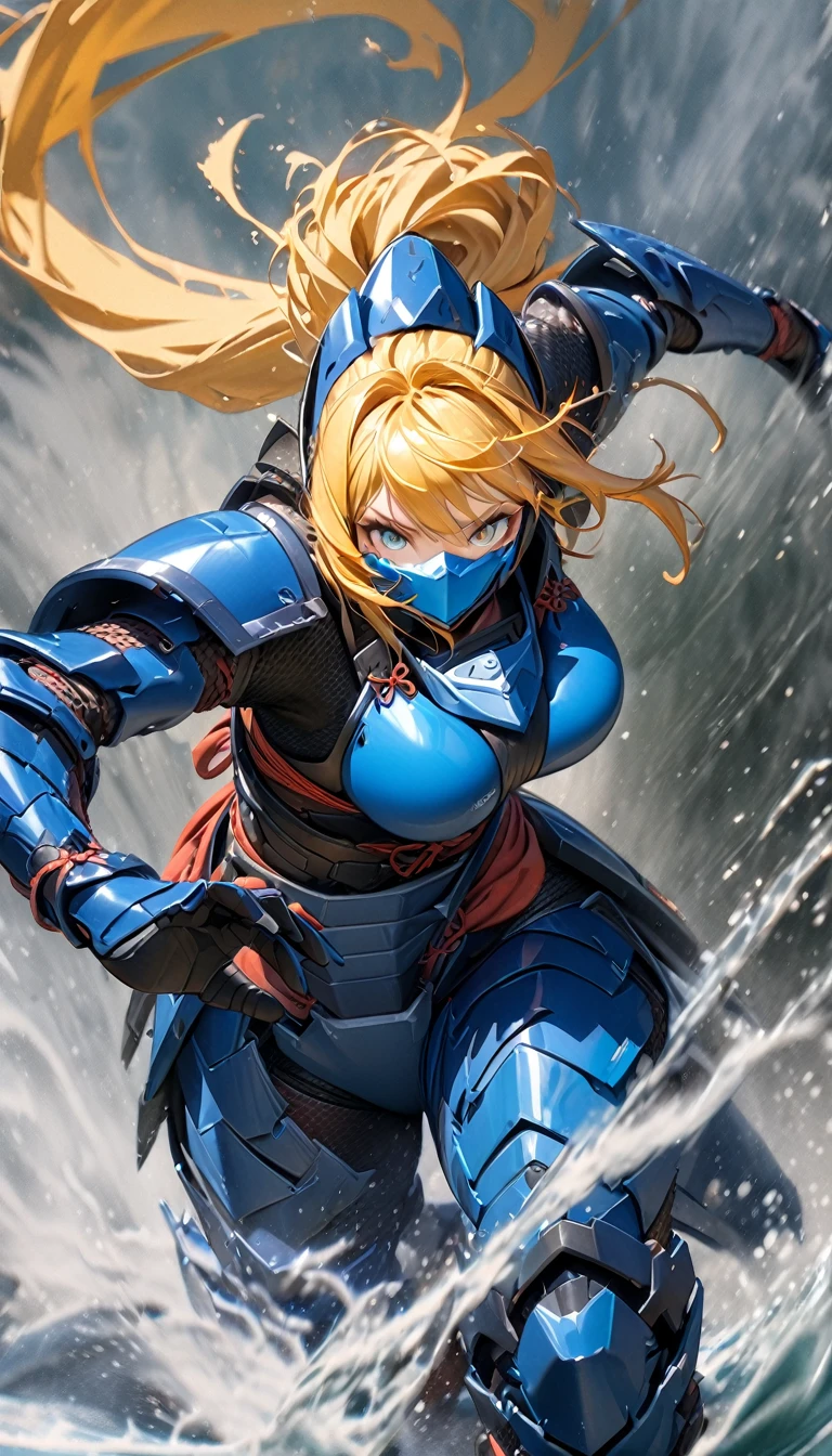 (masterpiece),(Highest quality),(High resolution),(Very detailed),8k,wallpaper,(Armored Core Style),Woman in ninja robot armor,Random Hairstyles,Yellow hair, (Water Ninja),(Blue body),(Detailed face),(Detailed body),(The background is foggy:1.2),(The body is enveloped in mist:1.2),(dynamic),(Making a Ninja Sign),(action shot)