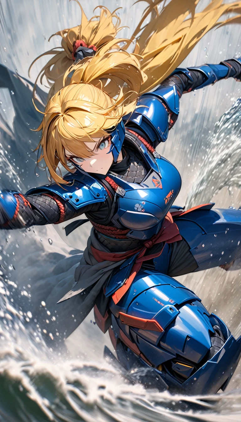 (masterpiece),(Highest quality),(High resolution),(Very detailed),8k,wallpaper,(Armored Core Style),Woman in ninja robot armor,Random Hairstyles,Yellow hair, (Water Ninja),(Blue body),(Detailed face),(Detailed body),(The background is foggy:1.2),(The body is enveloped in mist:1.2),(dynamic),(Making a Ninja Sign),(action shot)