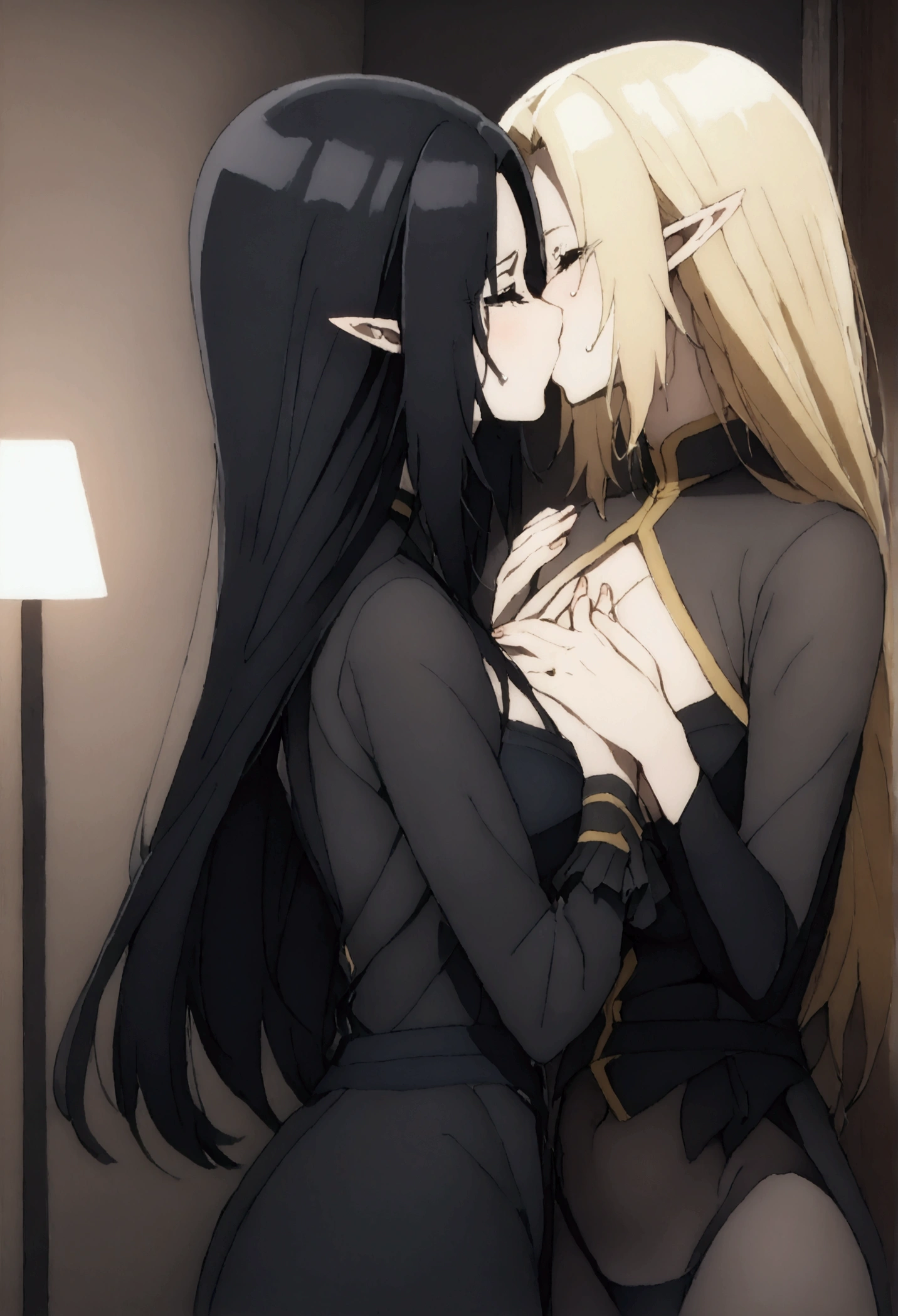 Two Women,Alpha ,Long blonde,gamma,Long Black Hair,((Touching the chest)), ((underwear))),Big Breasts, kiss, (adult), (Elf)
 ((My crotch is wet)),Love Hotel,My crotch is wet,Are standing,(masterpiece:1.2), High resolution, Highest quality, 8k,