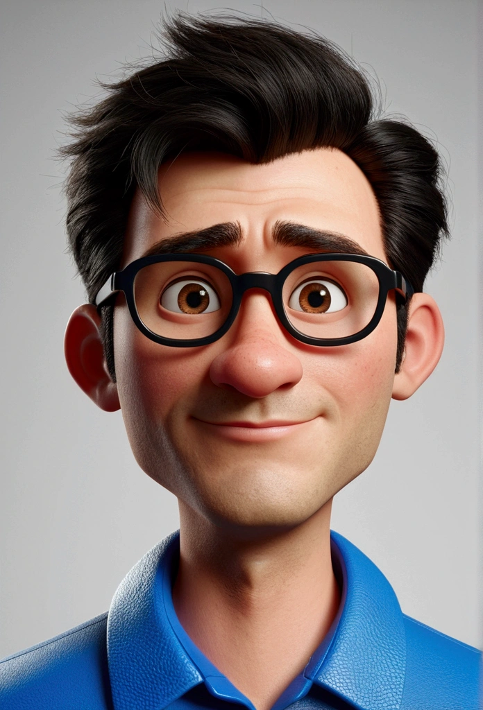 Cartoon character of a man in black glasses and blue shirt, an animated character, stylized character, animation style rendering, 3d stylized, Arnold Maya rendering, Stylized 3D rendering, toon render screenshot, 3d character, 3d character, Stylized 3D rendering, 3D character rendering, cartoon character, Personagem de close up, character posing, (Pixar-style) (master part:1.2) (bokeh) (best qualityer) (skin detailed) (detailed texture) (8k) (Argilla) (cinematic lighting) (sharp focus，Sit down and lift your upper body