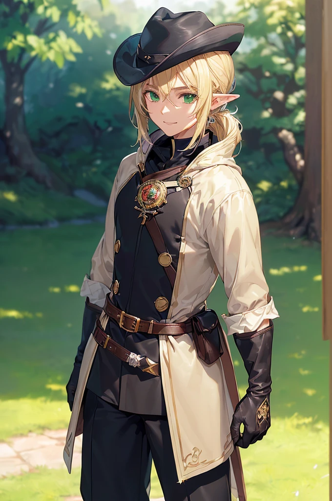 (((masterpiece; best quality: 1.2))), (finely detailed eyes: 1.3), (25 year old elf man), (solo), (green eyes: 1.4), (body; toned, fit, masculine: 1.3), (silky blonde hair in low ponytail: 1.3), (beautiful and clear background: 1.2), ((depth of field)), (equipment: adventurer garb + modest + elegant wide-brim hat + dark coat + light-colored tunic + dark long cape + black pants + gloves + belt + pouches: 1.3), (anime illustration: 1.2), (background composition; royal garden: 1.1), (extremely fine and handsome: 1.1), (shot composition; standing + centered on torso + close-up: 1.5), (expression; calm, smile: 1.2)