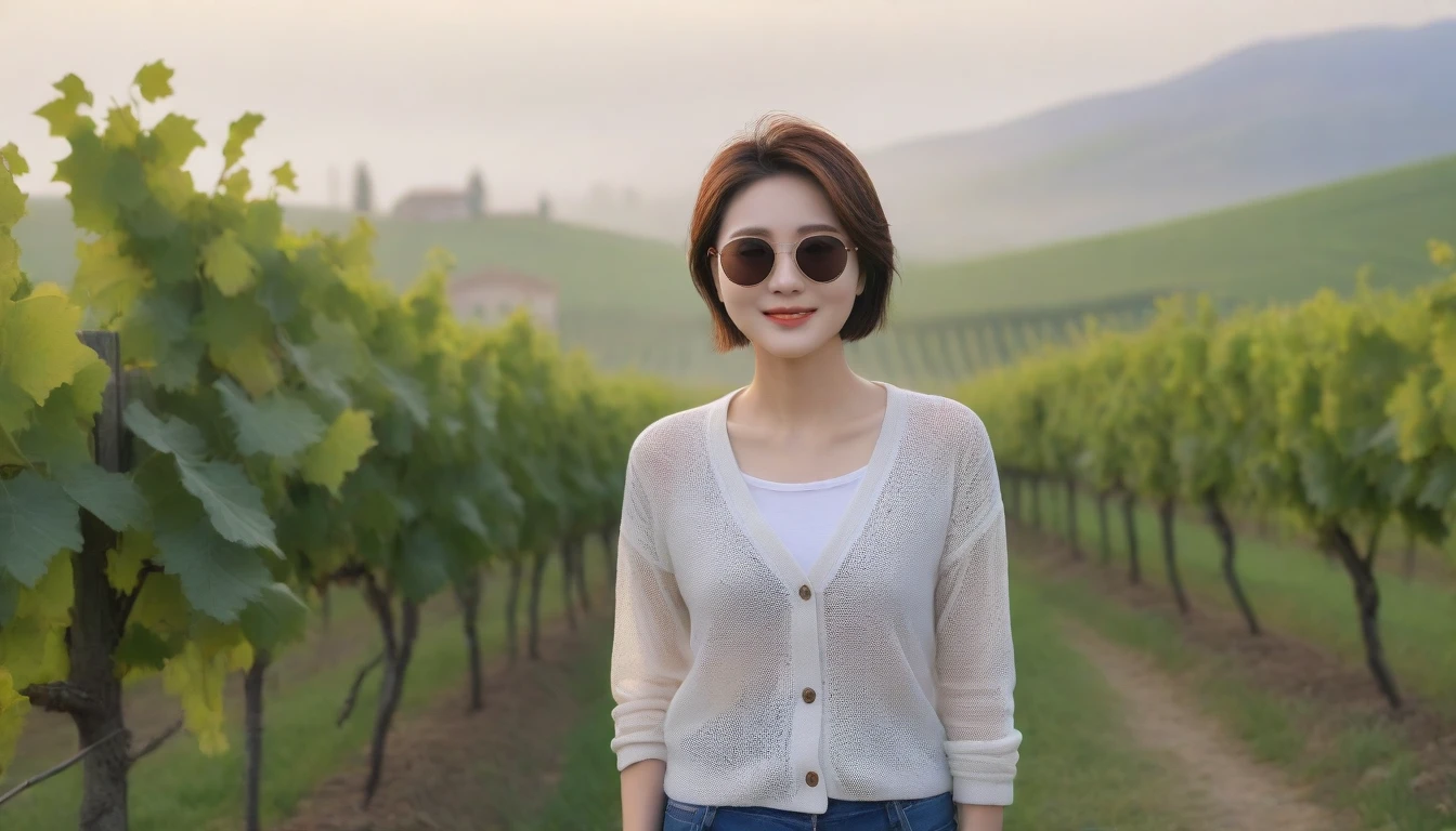8k realistic, lifelike photo,, 36 year old Korean woman, Short in stature, pretty like a model. front view, white shirt and short cardigan, casual pants, short medium hair, smiling, Italy. spring, vineyard, thick dawn fog. vineyard 지나 짙은 안개 속으로 저 멀리 성당이 보인다. Full body shot from afar with a wide angle lens , 1 woman, Short in stature, superb picture quality, The morning fog is getting thicker, The picture quality is alive... Full body shot with Canon 16-35 wide angle lens, Put on your horn-rimmed sunglasses and look to the side.