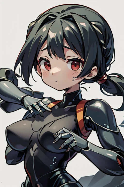 Primary school students ,Young Girl,,Height: 130cm,Character portrait,Simple design,Black hair okata,Hair is black,Red eyes,Shoulder Bare,Ahoge,Kokeshi,Deformation,Mini character,Confused eyes,Pitch Resuit,Perfect Suit,Perfect costume,Yoga Suit,Robot Joint , Robot shoulder,Plug Suit,Spacesuit,Character portrait、whole body,front図,front