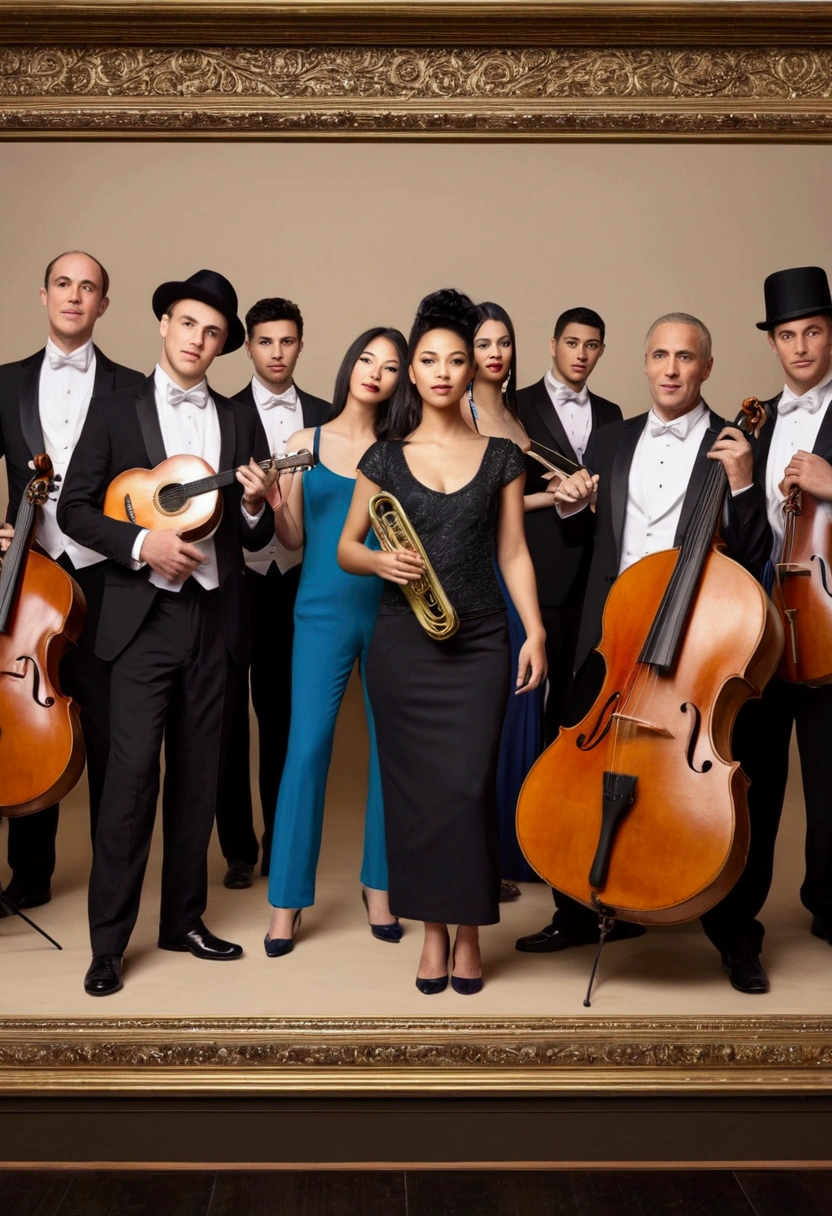 (work of art), (best qualityer), (detailded),photorealistic view of a mixed musical group of 12 members including singers and instrumentalists